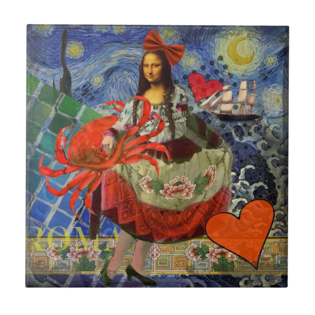 Mona Lisa Starry Night Collage: Whimsical Surreal  Tile (Front)