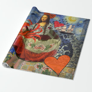 Mona Lisa Starry Night Collage: Whimsical Surreal Wrapping Paper