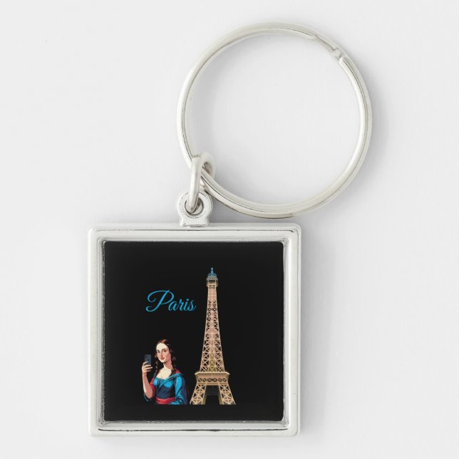 MONA LISA TAKING A SELFIE SURREAL RETRO KEYCHAIN (Front)