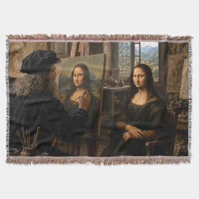 Mona Lisa Visits Artist Studio Throw Blanket (Front)
