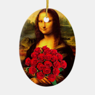 Mona Lisa With Bouquet Of Red Roses Ceramic Ornament
