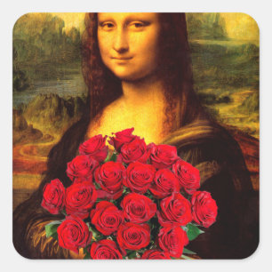 Mona Lisa With Bouquet Of Red Roses Square Sticker