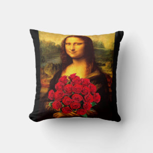 Mona Lisa With Bouquet Of Red Roses Throw Pillow