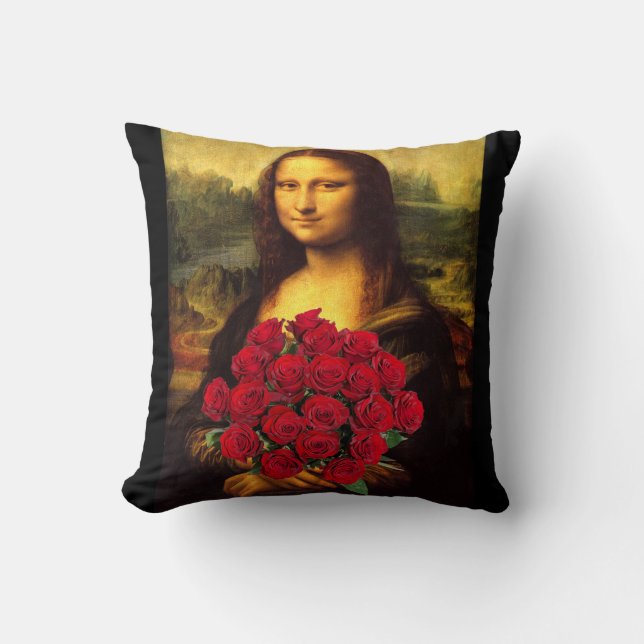 Mona Lisa With Bouquet Of Red Roses Throw Pillow (Front)
