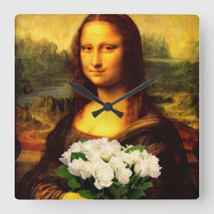 Mona Lisa With Bouquet Of White Roses Square Wall Clock