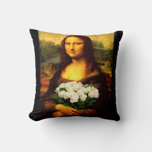 Mona Lisa With Bouquet Of White Roses Throw Pillow