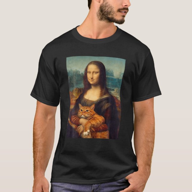 Mona Lisa With Kitty Funny Art Painting T-Shirt (Front)