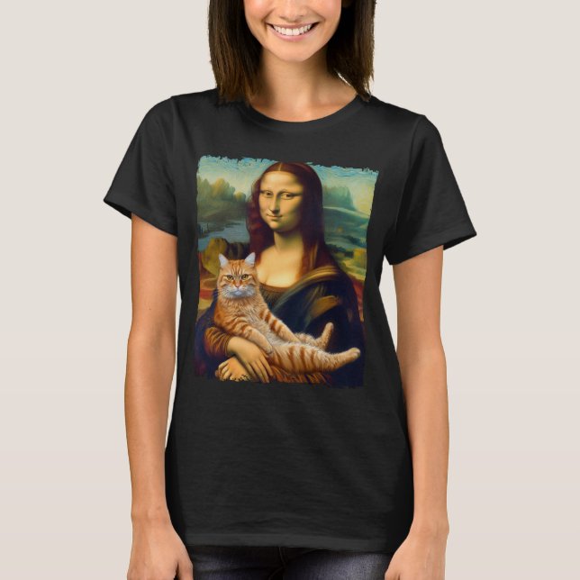 Mona Lisa With Orange Cat Funny Art Painting T-Shirt (Front)