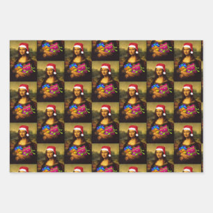 Mona Lisa With Santa Claus Cap Wrapping Paper Sheet