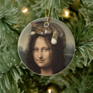 Mona Lisa With Sleeping Cat                        Ceramic Ornament