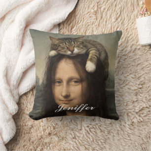 Mona Lisa With Sleeping Cat Throw Pillow