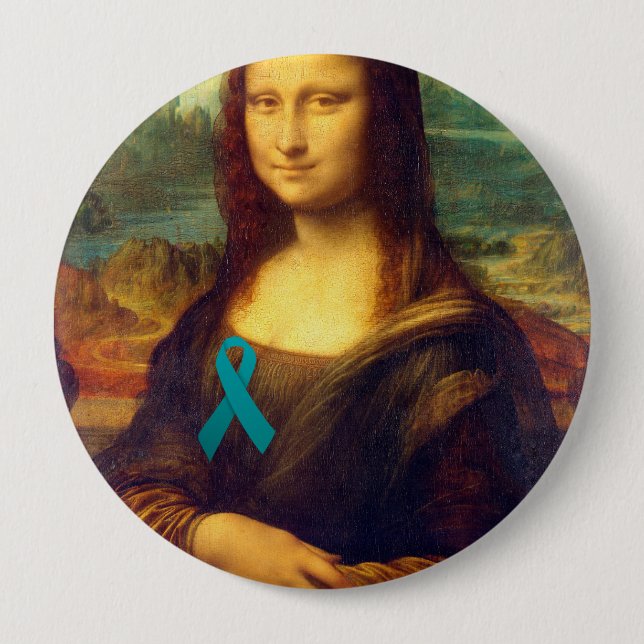 Mona Lisa With Teal Ribbon 4 Inch Round Button (Front)