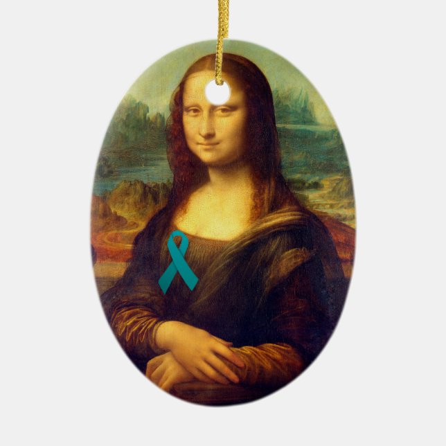 Mona Lisa With Teal Ribbon Ceramic Ornament (Front)