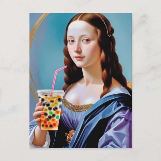 Mona Lisa's Bubble Tea Moment Postcard (Front)