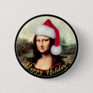 Mona Lisa's Christmas Santa Hat 2 Inch Round Button