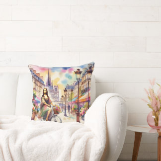 Mona with bicycle in Paris Throw Pillow