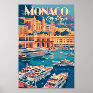 Monaco Cote D Azur Illustration Travel Art Vintage Poster