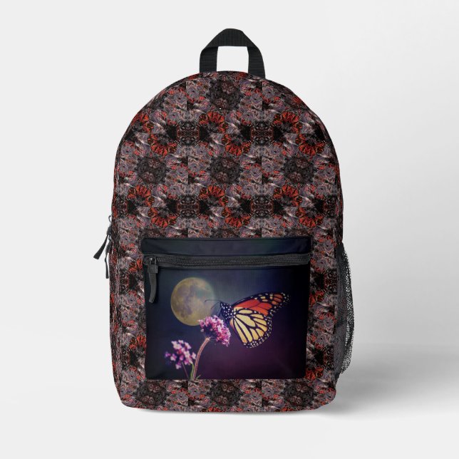 Monarch and Moon Purple Orange Abstract Printed Backpack (Front)
