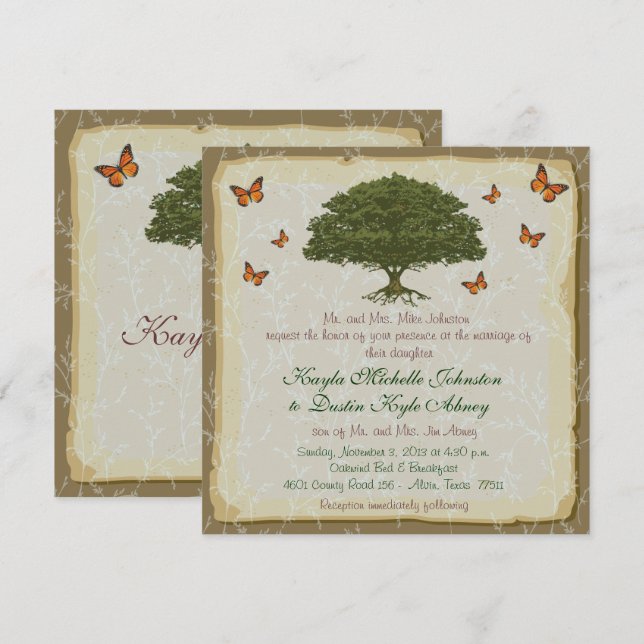 Monarch and Oak Tree Rustic Wedding Invitations (Front/Back)