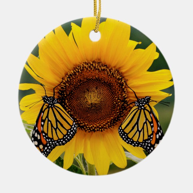 Monarch Butterfies on Sunflower Ceramic Ornament (Front)