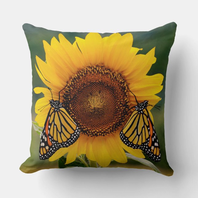 Monarch Butterfies on Sunflower Throw Pillow (Front)