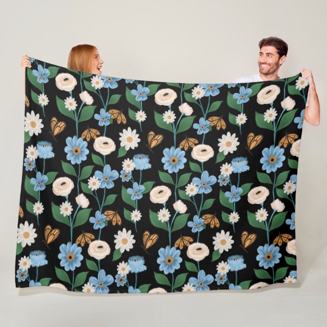 Monarch Butterflies & Blue & White Flowers Fleece Blanket (In Situ)