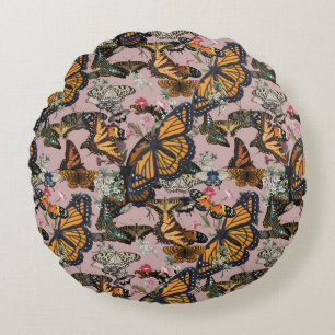 Monarch Butterflies & Floral Botanical Pattern Round Pillow