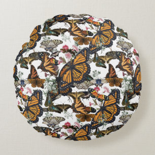 Monarch Butterflies & Floral Botanical Pattern Round Pillow
