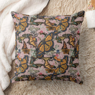 Monarch Butterflies & Floral Botanical Pattern Throw Pillow