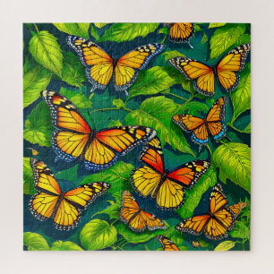 Monarch Butterflies on Lush Green Leaves Jigsaw Puzzle