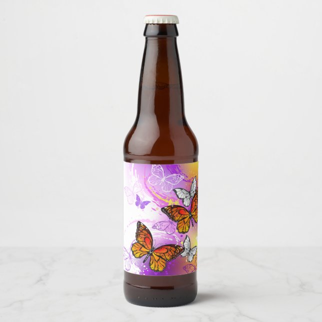 Monarch Butterflies on Purple Background Beer Bottle Label (Front)