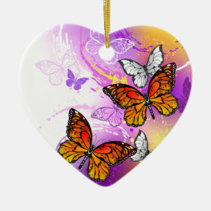 Monarch Butterflies on Purple Background Ceramic Ornament