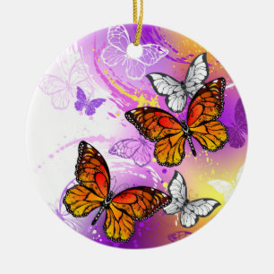 Monarch Butterflies on Purple Background Ceramic Ornament