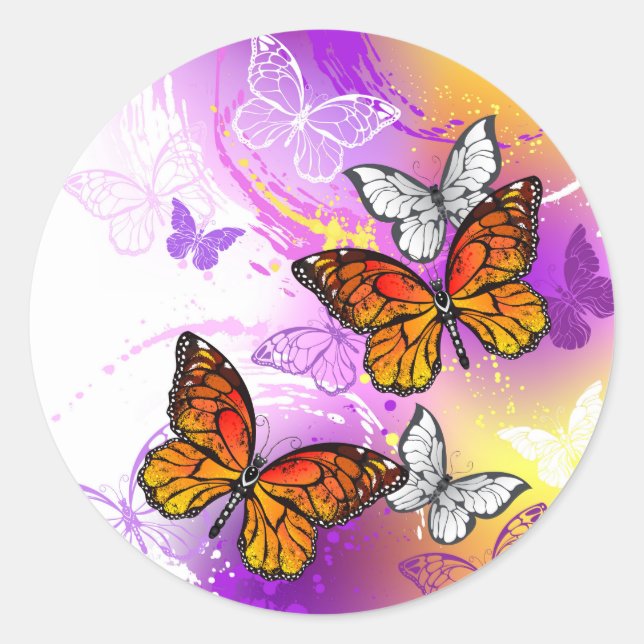 Monarch Butterflies on Purple Background Classic Round Sticker (Front)