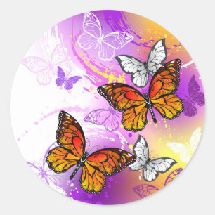 Monarch Butterflies on Purple Background Classic Round Sticker