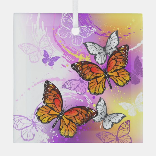Monarch Butterflies on Purple Background Glass Ornament (Front)