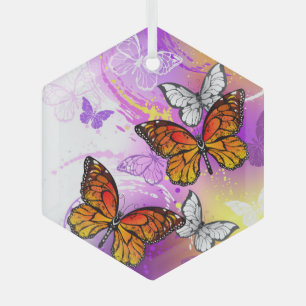 Monarch Butterflies on Purple Background Glass Ornament