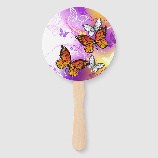 Monarch Butterflies on Purple Background Hand Fan (Front)
