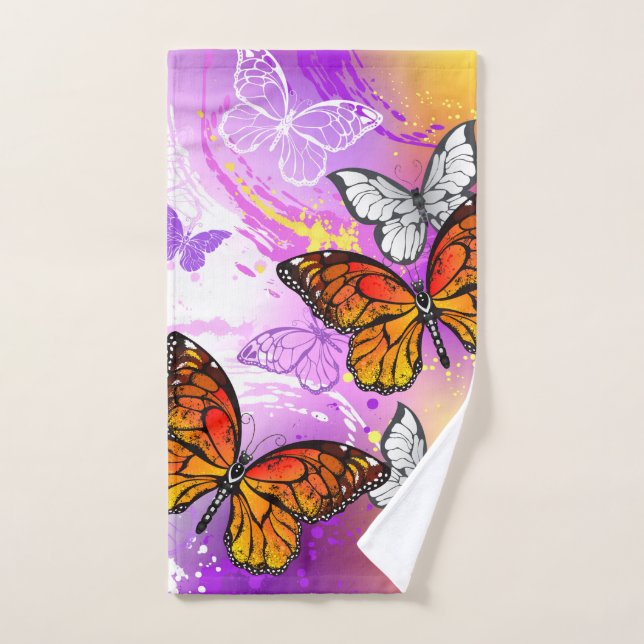 Monarch Butterflies on Purple Background Hand Towel (Hand Towel)