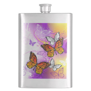 Monarch Butterflies on Purple Background Hip Flask
