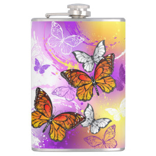 Monarch Butterflies on Purple Background Hip Flask