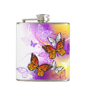 Monarch Butterflies on Purple Background Hip Flask