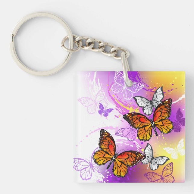 Monarch Butterflies on Purple Background Keychain (Front)