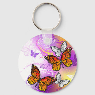 Monarch Butterflies on Purple Background Keychain