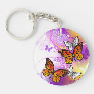 Monarch Butterflies on Purple Background Keychain