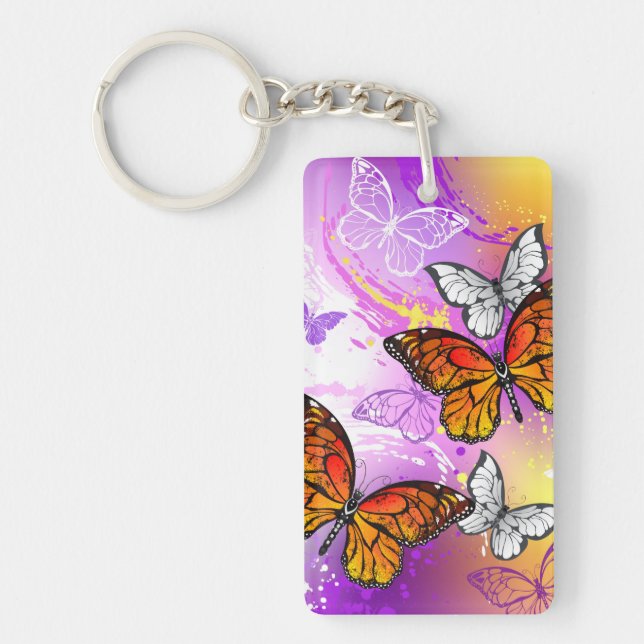 Monarch Butterflies on Purple Background Keychain (Front)
