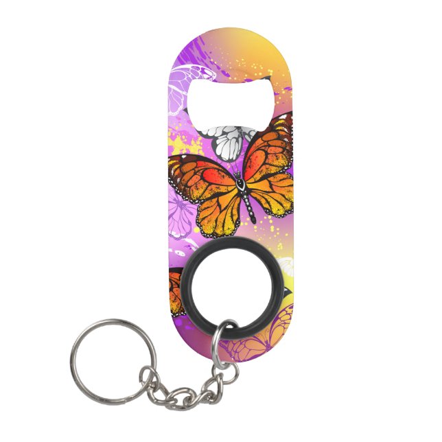 Monarch Butterflies on Purple Background Keychain Bottle Opener (Front)