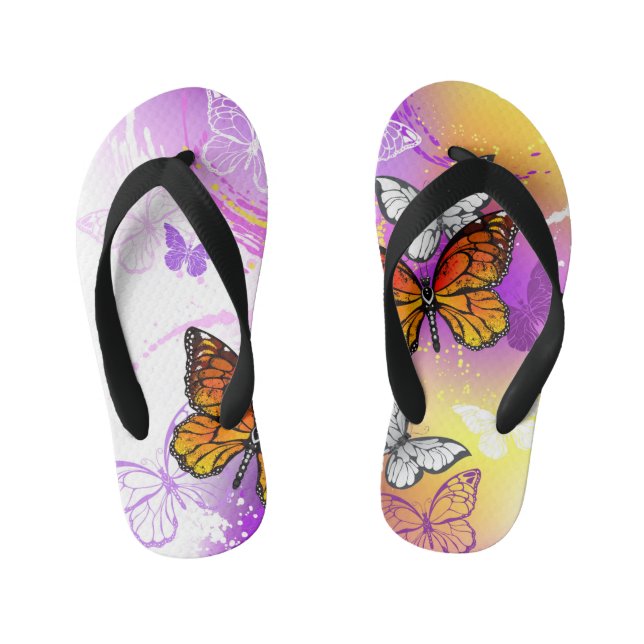 Monarch Butterflies on Purple Background Kid's Flip Flops (Footbed)
