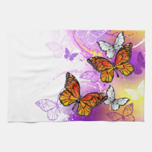 Monarch Butterflies on Purple Background Kitchen Towel