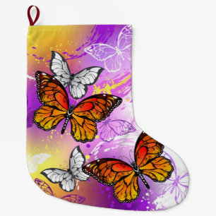 Monarch Butterflies on Purple Background Large Christmas Stocking